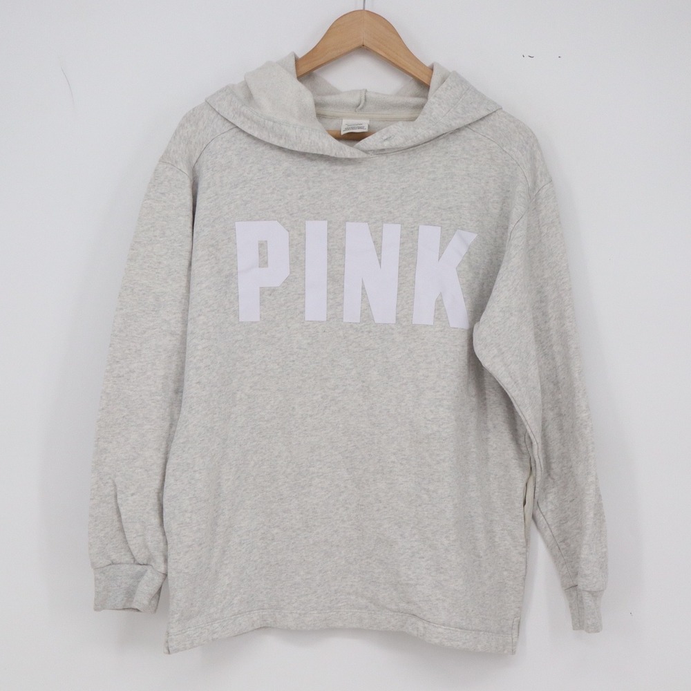 PINK Hoodie Womens S Pullover Grey Logo Side Pockets Excellent